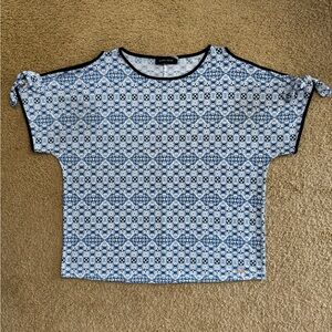 Ivanka Trump Blue & White Relaxed Fit Moroccan Tile Cold Shoulder Blouse Size L